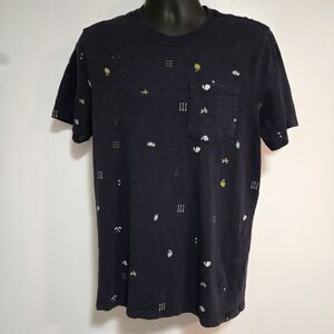 PrAna Shirt Men's Large Slim Navy Cotton Graphic‎ Camping AOP Camp Tee Gorpcore